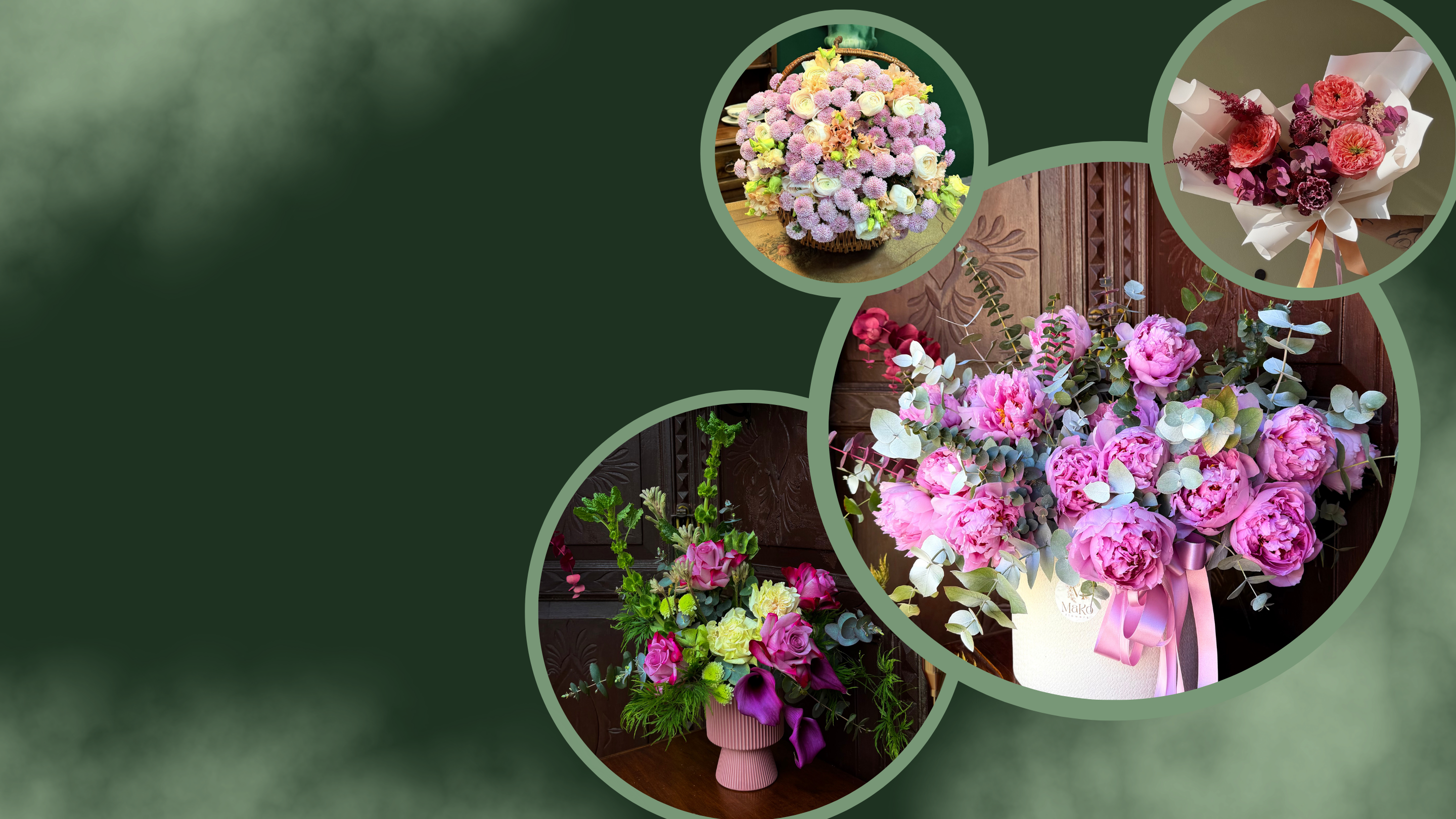 Banner per la Festa della Mamma con diverse composizioni floreali eleganti in tonalità rosa e viola su sfondo verde.