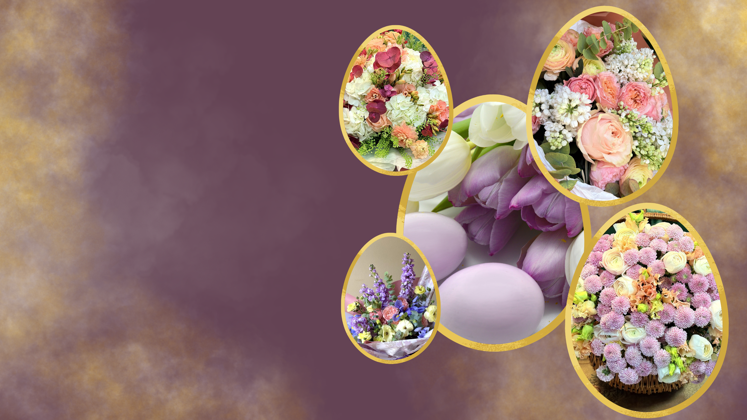 Hero pasquale con uova decorative, tulipani e diverse composizioni floreali primaverili in cornici a forma di uovo su sfondo viola.