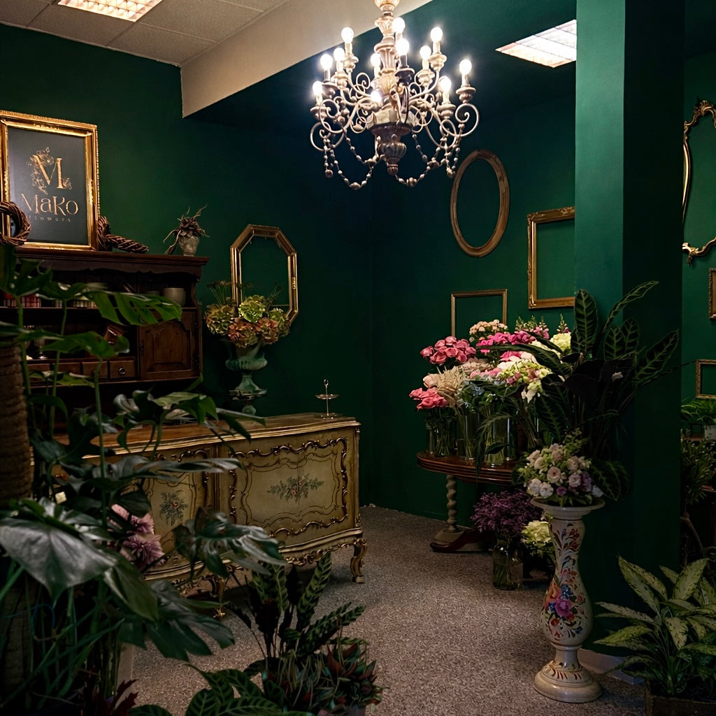 Interno elegante del negozio di fiori Mako Flowers con pareti verdi, tavolo con bouquet di fiori freschi in vasi di vetro e mobili classici decorativi.